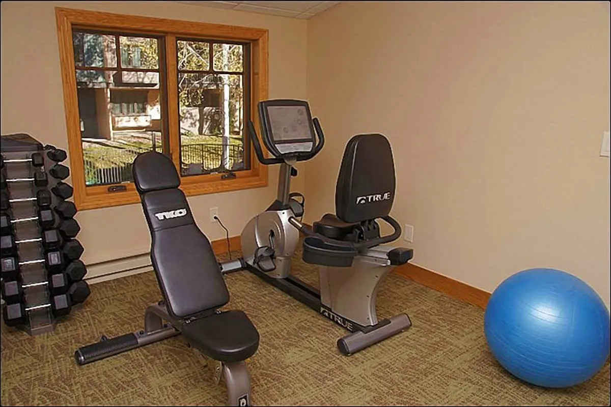 A spacious, well-equipped fitness center featuring an exercise bike, weight bench, dumbbell rack, and exercise ball. Large windows provide plenty of natural light and offer inspiring views of the outdoors, creating an energizing atmosphere for workouts.