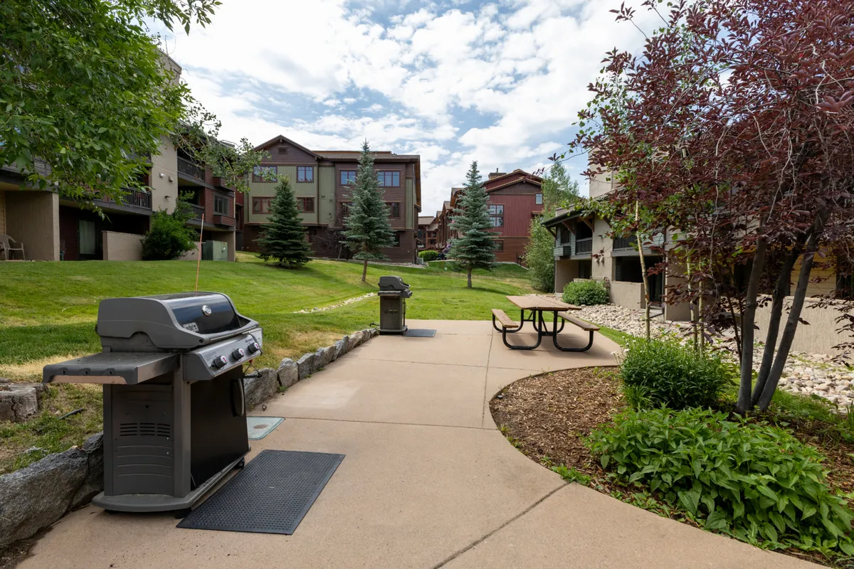 This image captures an exterior scene featuring a grill and picnic table surrounded by greenery with the building visible in the background. The outdoor setup hints at community living and provides a glimpse of the property's context within nature.